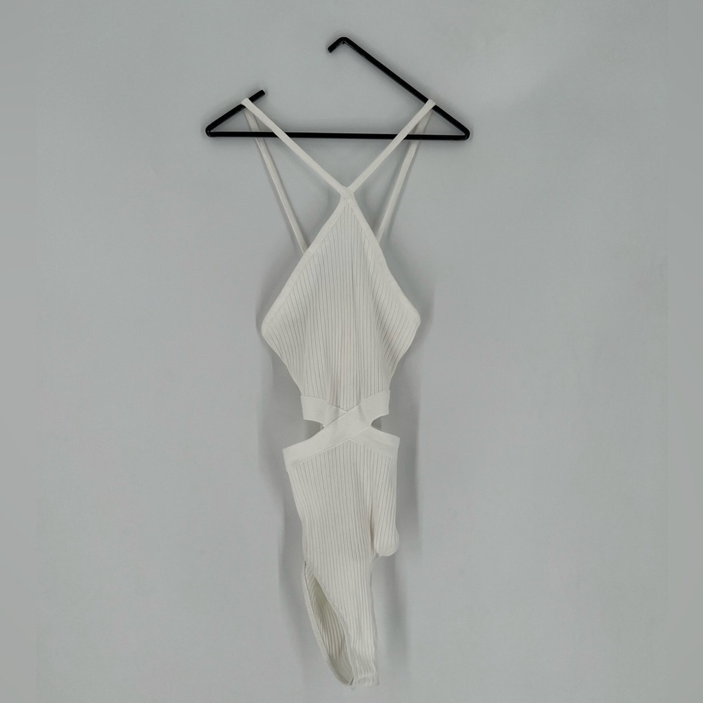 Zara Ribbed Halter Cut Out Criss Cross Open Back Bodysuit
